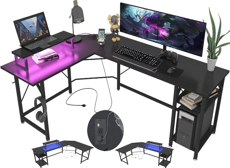 Photo 1 of SZXKT L Shaped Gaming Desk with Power Outlets and Monitor Stand, Computer Desk with Storage and LED Lights, Home Office Reversible Corner Desk with Hooks (Black)