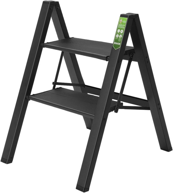 Photo 1 of 2 Step Ladder, RIKADE Folding Step Stool with Wide Anti-Slip Pedal, Aluminum Portable Lightweight Ladder for Home and Office Use, Kitchen Step Stool 330lb Capacity Black 2-step