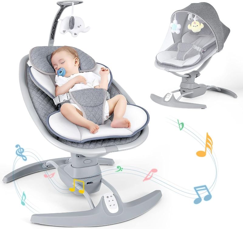 Photo 1 of Baby Swings for Infants, Electric Portable Baby Swing by Remote 3 Swing Speeds and Music Speaker, Adjustable Recline Baby Bouncer with Harness Belt Suitable for 5-20 lbs Newborn Toddler
