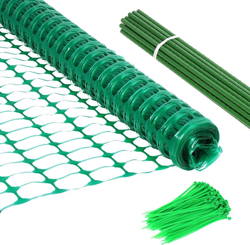 Photo 1 of green temporary fence feather and bone hardware 1 roll 45 in h 100 ft w 25 ct 4ft h stakes 100 ct zip ties