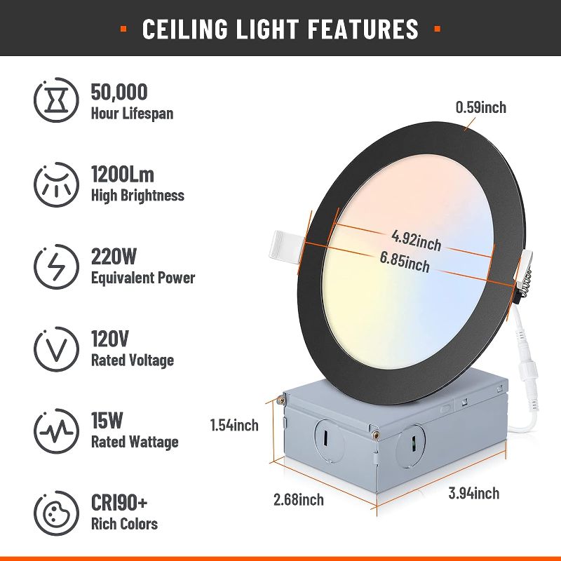 Photo 1 of 2 Pack Recessed Lighting 6 Inch with Junction Box, 5CCT 6 Inch Black LED Recessed Lights Dimmable 2700K/3000K/4000K/5000K/6000K, 15W1200lm Ultra Thin Recessed Lighting - ETL and Energy Star Certified