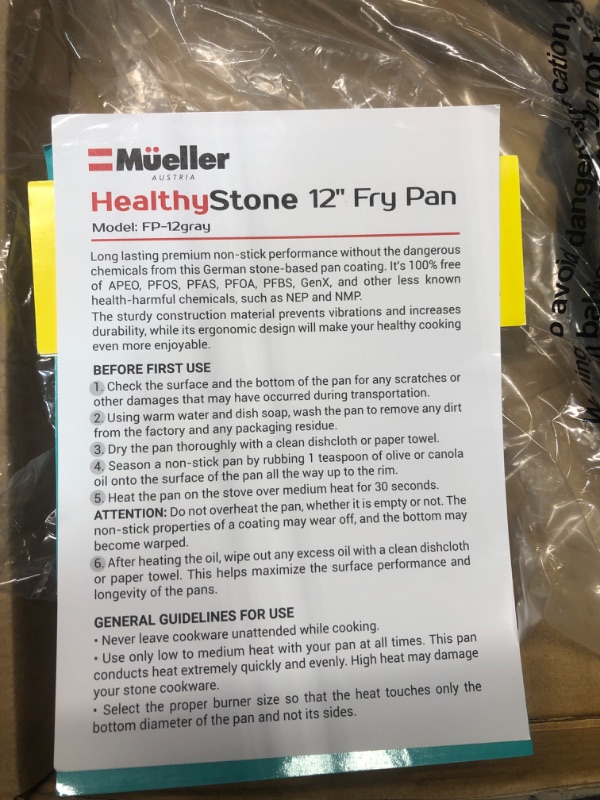 Photo 1 of Mueller 12-Inch Fry Pan, Heavy Duty Non-Stick German Stone Coating Cookware, Aluminum Body, Even Heat Distribution, No PFOA or APEO, EverCool Stainless Steel Handle, Grey 12 Inch Gray
**DENTED, SEE PHOTO**