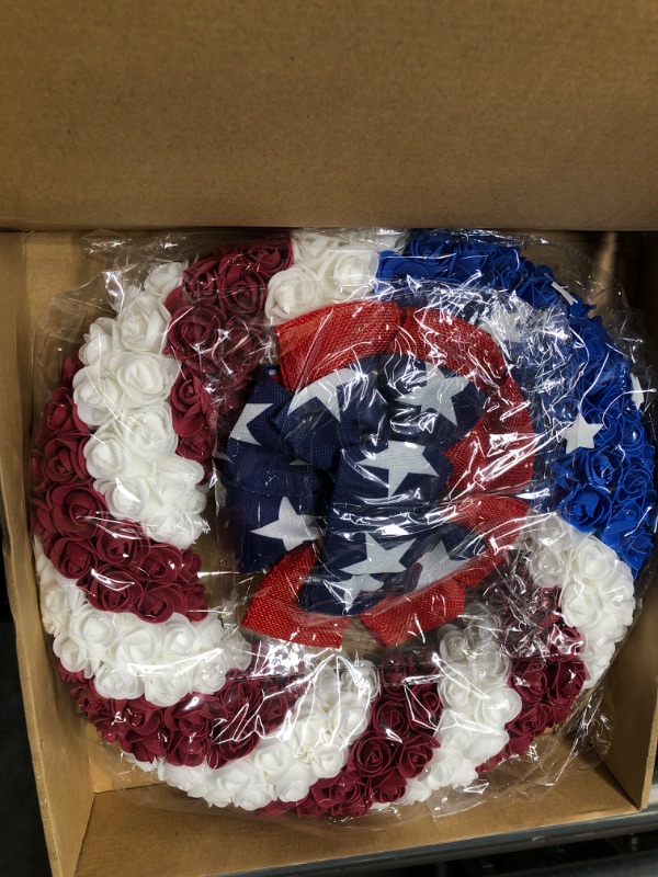 Photo 3 of 15 in July 4th Wreath with 2 Pcs 4th of July Decor Bow for Wreath Americana Patriotic Tree Topper Memorial Day Wreath Festival Garland Decoration for Front Door Outdoor Independence Day Veterans Day
