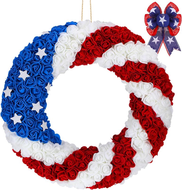 Photo 1 of 15 in July 4th Wreath with 2 Pcs 4th of July Decor Bow for Wreath Americana Patriotic Tree Topper Memorial Day Wreath Festival Garland Decoration for Front Door Outdoor Independence Day Veterans Day