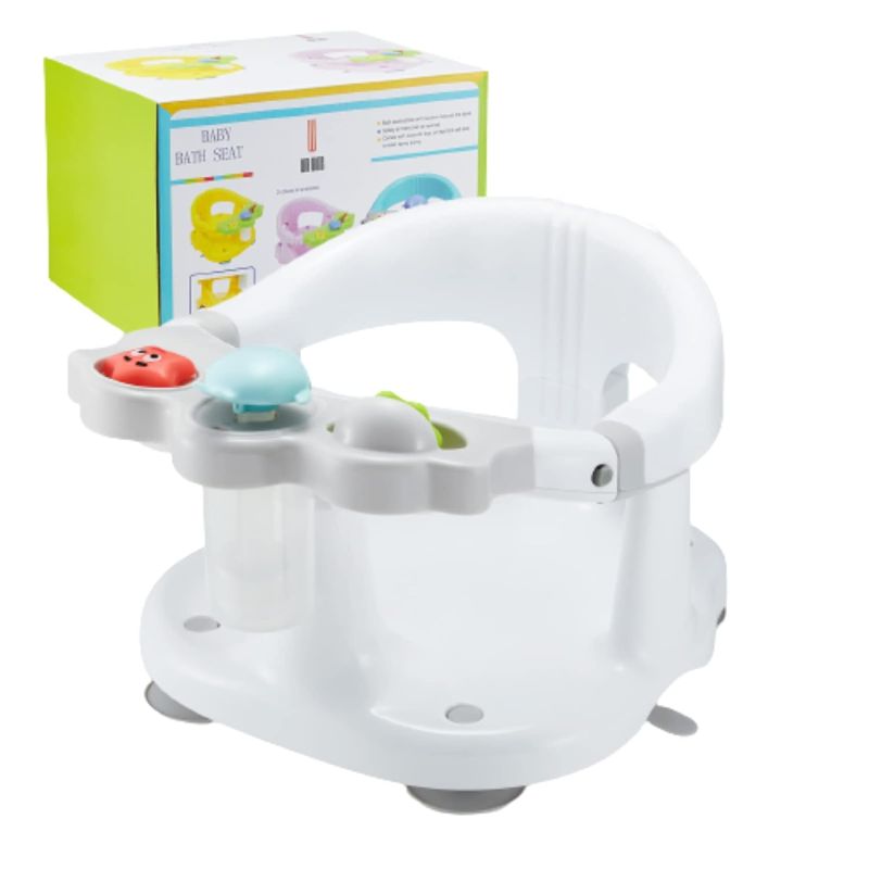 Photo 1 of Baby Bath Seat [Original] - Ergonomic Backrest – Side Opening Design – 2 Rotating Toys + 1 Pressing Toy – 4 Strong Anti-Slip Suction Cups – Ideal Gift for Baby 6-36 Months! (White-Style/2)