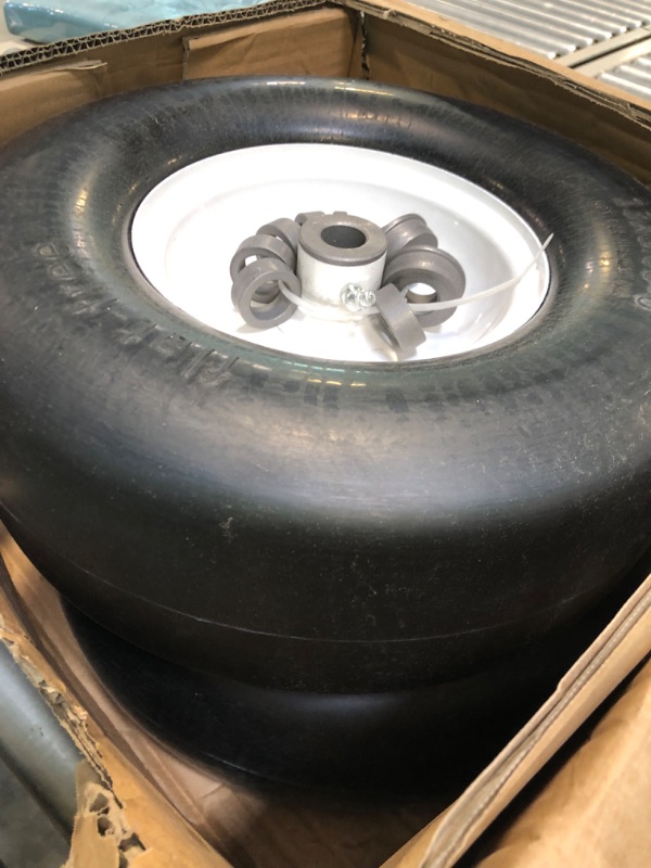 Photo 3 of 2 PCS Upgrade 13x5.00-6" Flat Free Lawn Mower Smooth Tire, Commercial Grade Lawn and Garden Mower Turf Replacement Solid Tire and Wheel with Steel Rim, 3/4" Grease Bushing and 3.25"-5.9" Centered Hub