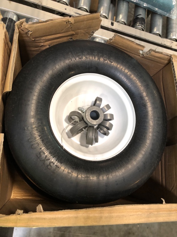 Photo 4 of 2 PCS Upgrade 13x5.00-6" Flat Free Lawn Mower Smooth Tire, Commercial Grade Lawn and Garden Mower Turf Replacement Solid Tire and Wheel with Steel Rim, 3/4" Grease Bushing and 3.25"-5.9" Centered Hub