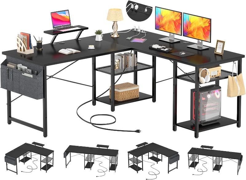 Photo 1 of Aheaplus L Shaped Desk with Outlet and USB Charging Ports, L-Shaped Desk with Storage Shelves Reversible Corner Computer Desk 2 Person Long Table with Monitor Stand Gaming Home Office Desk, White