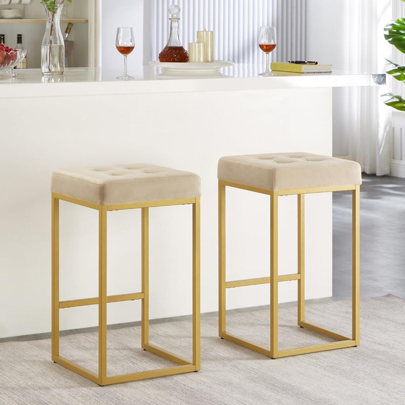 Photo 1 of 24KF Contemporary Counter Height Bar Stool Set of 2 for Kitchen Island, 26" H Velvet Padded Gold Barstool Bar Chair 5066-Taupe