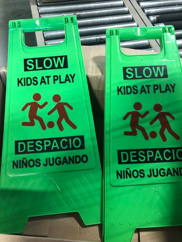 Photo 3 of 2 Pcs Slow Kids at Play Sign, Children at Play Safety Signs with Double Sided Text and Graphics, Caution Playing Warning Signs for Street Neighborhoods Schools Sidewalk Driveway (Green, Classic)