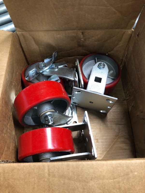 Photo 3 of 5" X 2" Swivel Caster Heavy Duty Red Polyurethane Wheel on Steel Hub with Brakes (2) and Fixed (2) 4,000lbs Per Set of 4 Tool Box Casters - CasterHQ Brand (5")
