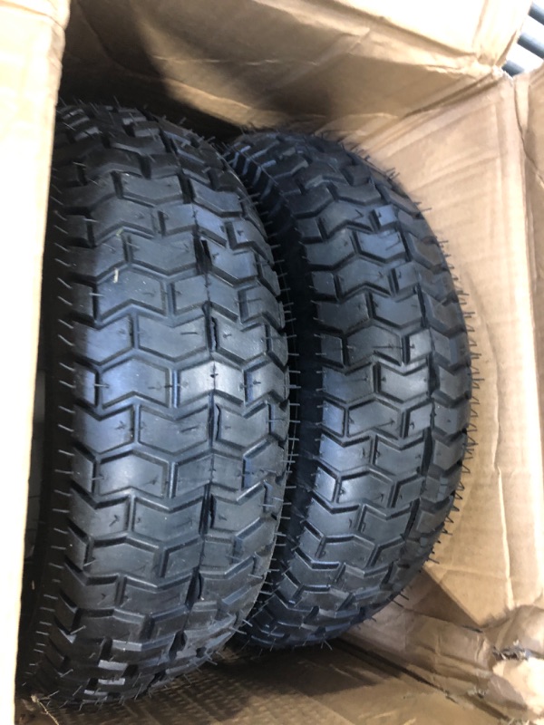 Photo 3 of (2-Pack) 16x6.50-8 Tubeless Tires on Rim - Universal Fit Riding Mower and Yard Tractor Wheels - With Chevron Turf Treads - 3” Offset Hub and 3/4” Bearings - 4 Ply with 615 lbs Max Weight Capacity 16x6.50-8 Tubeless White