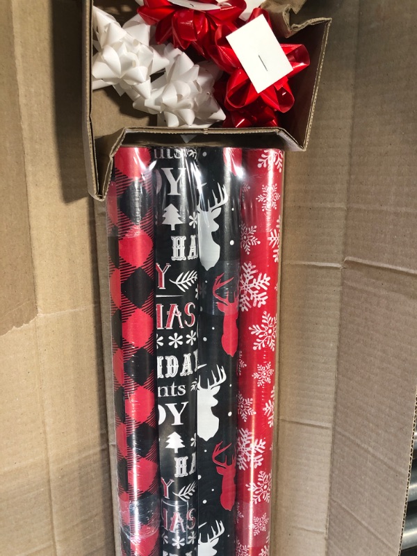 Photo 3 of American Greetings Christmas Wrapping Paper Set with Cut Lines, Red, Black and White, Plaid, Reindeer and Snowflakes (4 Rolls, 7 Bows, 30 Gift Tags, 120 sq. ft.)