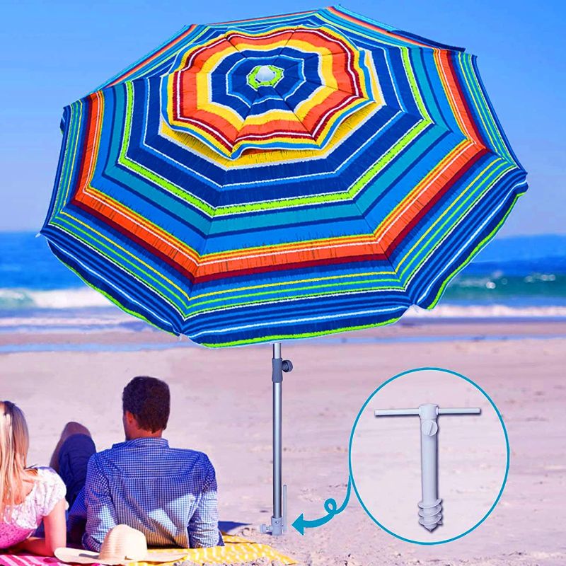 Photo 1 of AMMSUN 7ft Heavy Duty HIGH Wind Beach Umbrella with sand anchor & Tilt Sun Shelter, UV 50+ Protection Outdoor Sunshade Umbrella with Carry Bag for Patio Garden Beach Pool Backyard Multicolor Green
