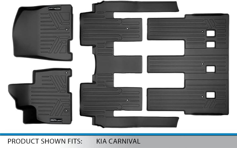 Photo 1 of SMARTLINER Custom Fit Black 3 Row Floor Mat Liner Set Compatible with 2022-2023 Kia Carnival MPV (Only Fits 8 Passenger Models. Fits LX w/seat Package, EX and SX. Does NOT fit Prestige Models)
