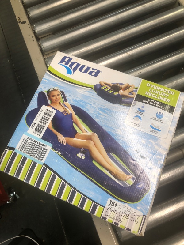 Photo 1 of Aqua Luxury Pool Float Lounge – Extra Large – Heavy Duty, Inflatable Pool Floats for Adults with Headrest, Backrest, Footrest & Cupholder – Navy/Green/White Stripe