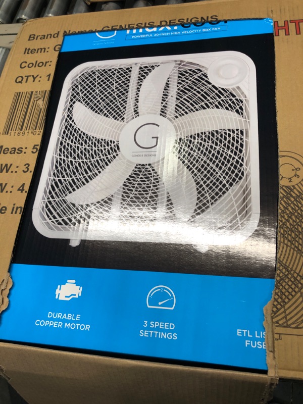 Photo 3 of Genesis 20" Box Fan, 3 Settings, Max Cooling Technology, Carry Handle, White (G20BOX-WHT)
