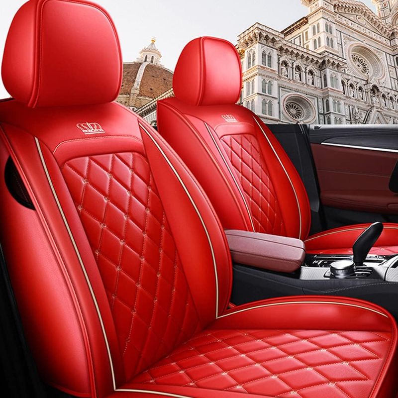 Photo 1 of Aotiyer Full Set Car Seat Covers, Crown PU Leather, Full Surround, Durable Comfortable Automotive Vehicle Cushion Cover Fit for Most 5 Seats Cars/SUV/Truck/Vans (Red)