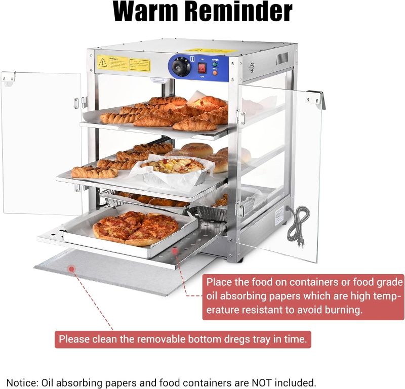 Photo 1 of 3-Tier Food Pastry Pizza Warmer Countertop Commercial Display Case See Through 750W Adjustable Removable Shelves Glass Door 20x20x24