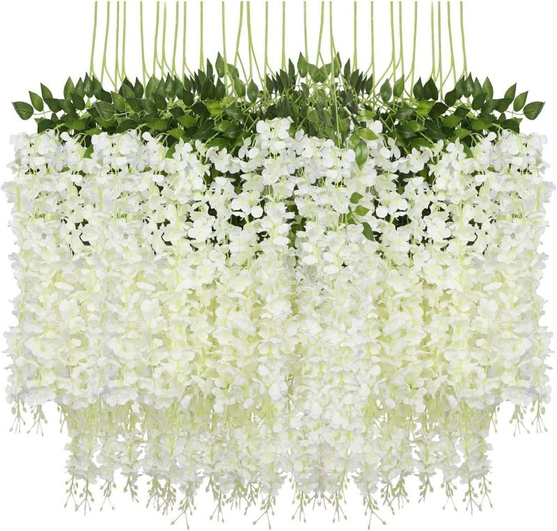 Photo 1 of 24 Pack 3.6 Feet Wisteria Hanging Flowers, Artificial Fake Wisteria Flower Vines Garland Silk Flowers String for Wedding Party Wall Decorations (White, 24)