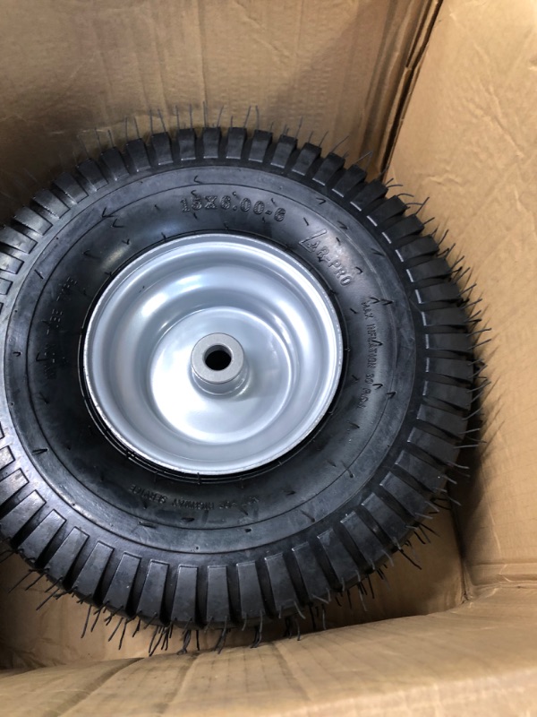 Photo 4 of **ONLY ONE**  15 x 6.00-6 Front Tire and Wheel Set - 4-Ply Replacement Tires with Wheels Assemblies for John Deere Riding Mower - for Lawn Tractors with 3" Centered Hub and 3/4" Bushings, Silver