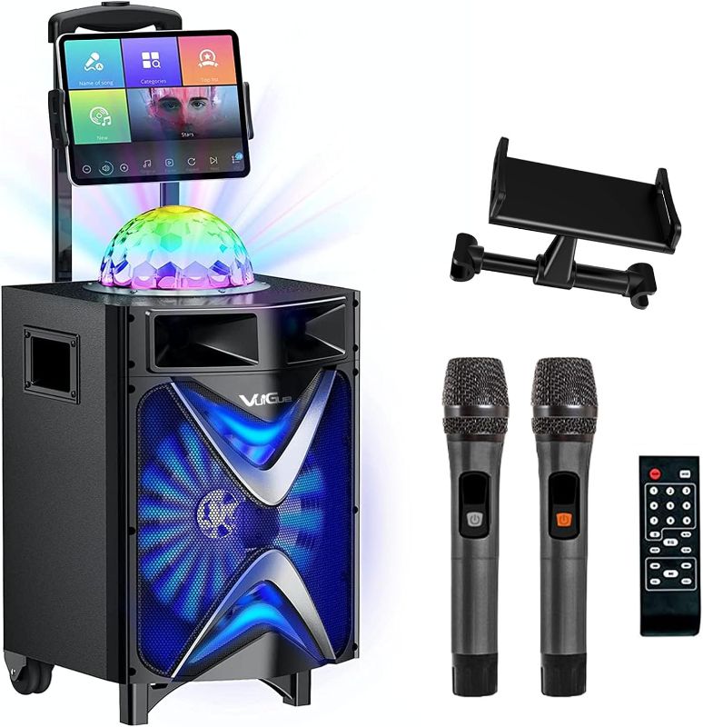 Photo 1 of VuiGue Karaoke Machine for Adults, 10'' Big Subwoofer, Portable Bluetooth PA Singing Speaker System with 2 UHF Wireless Microphones, Disco Ball Party Lights, for Home Karaoke, Party, Church