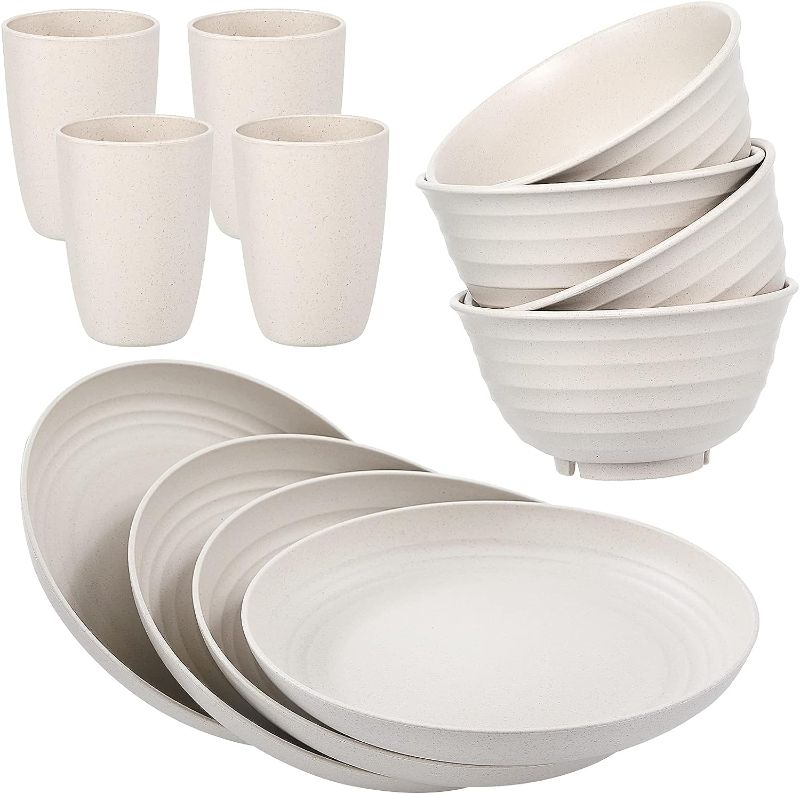 Photo 1 of 12pcs Wheat Straw Dinnerware Sets, Wheat Straw Plates and Bowls Sets for 4 Microwave Dishwasher Safe Lightweight Beige