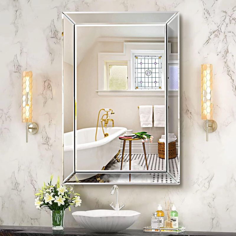 Photo 1 of 
Pregaspor Mirror on Mirror Wall Mirror for Bathroom, 22" x 32" Rectangular Frameless Bathroom Vanity Mirrors for Wall, Polished Beveled Edge...