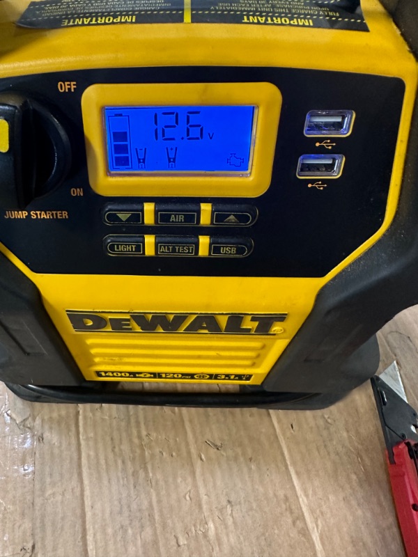 Photo 3 of DEWALT DXAEJ14 Digital Portable Power Station Jump Starter: 1400 Peak/700 Instant Amps, 120 PSI Digital Air Compressor, 3.1A USB Ports, Battery Clamps , Yellow