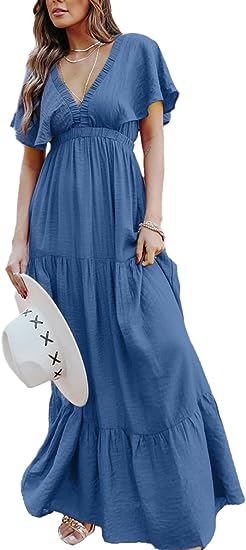 Photo 1 of Amegoya Women's Casual Short Sleeve V Neck Floral Maxi Dresses Boho Beach Photoshoot Flowy Ruffle Long Dress (S)