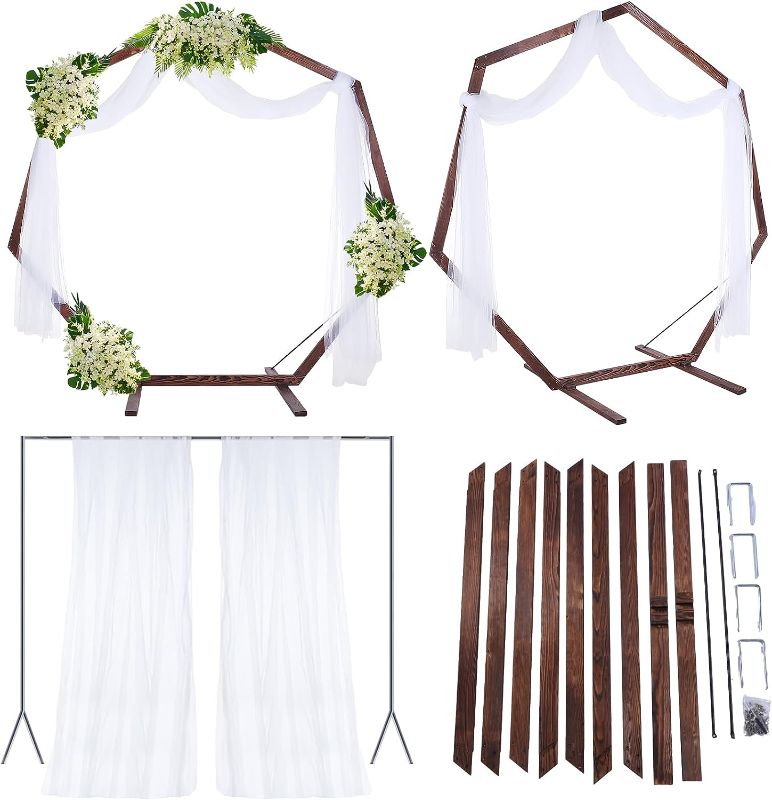 Photo 1 of 7.2 ft Wedding Arch with 3 Pcs 6 Yards Drape Fabric, Heptagonal Wooden Wedding Arch for Ceremony, Wood Wedding Arbor Backdrop Stand for Garden, Outdoor, Indoor, Party, Rustic, Farmhouse Decoration