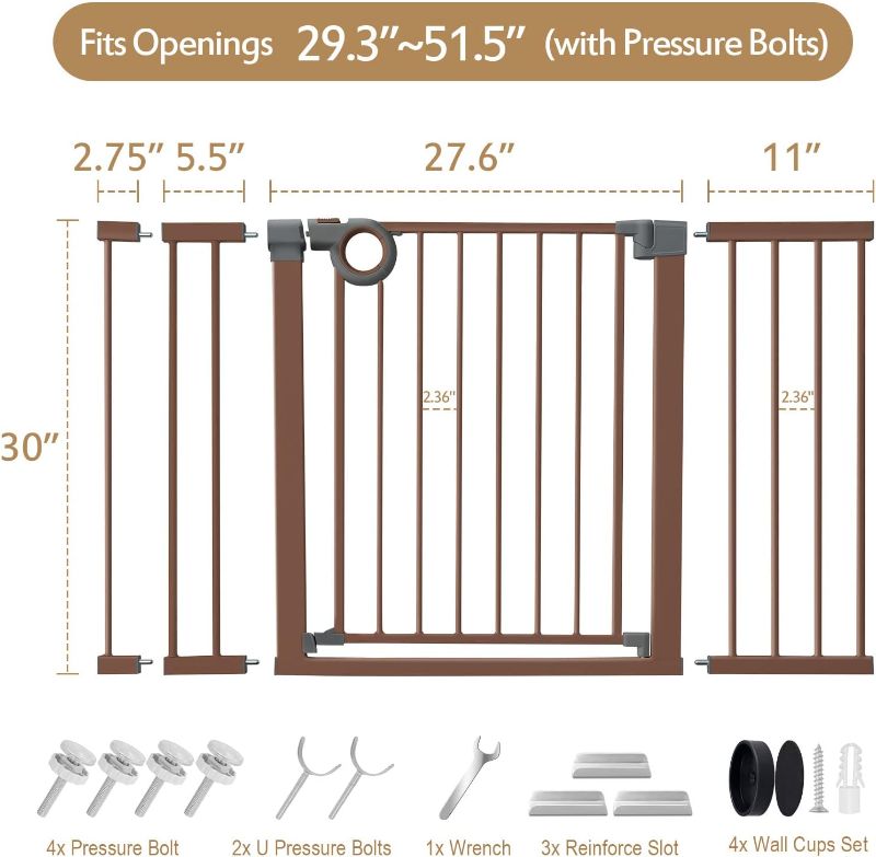 Photo 1 of Baby Gate for Stairs, Yacul 29.3"-51.5" Extra Wide Child Safety Gates with Door, Walk Thru Dog Gate for House, Wide Walk Thru Openings 22.5”, Tall 30”, Pressure or Hardware Mounted, Metal Steel, Brown