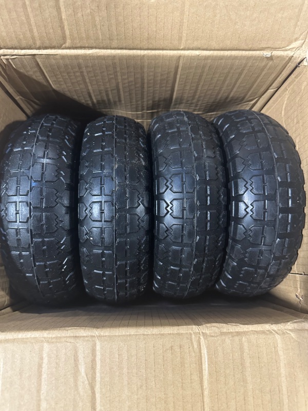 Photo 1 of 10" Flat Free Tires Solid Rubber Tyre Wheels?4.10/3.50-4 Air Less Tires Wheels with 5/8" Center Bearings?for Hand Truck/Trolley/Garden Utility Wagon Cart/Lawn Mower/Wheelbarrow/Generator?4 Pack, Black 12.4 Pounds Black