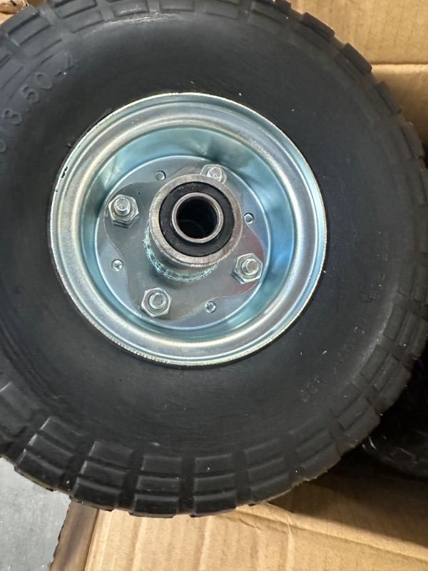 Photo 5 of 10" Flat Free Tires Solid Rubber Tyre Wheels?4.10/3.50-4 Air Less Tires Wheels with 5/8" Center Bearings?for Hand Truck/Trolley/Garden Utility Wagon Cart/Lawn Mower/Wheelbarrow/Generator?4 Pack, Black 12.4 Pounds Black