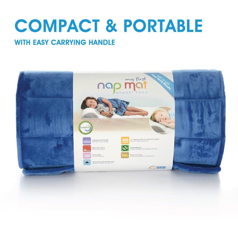 Photo 2 of My First - Toddler Nap Mat, Memory Foam Sleeping Mat with a Removable Pillow, Portable and Compact, 41 x 21 x 1 inch, Blue, Pack of 1
