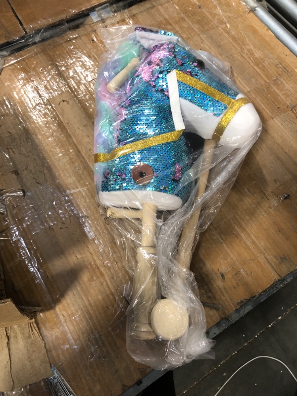 Photo 2 of HollyHOME Sequin Unicorn Stick Horse with Wood Wheels Real Pony Neighing and Galloping Sounds Plush Unicorn Toy Blue 36 Inches(AA Batteries Required)