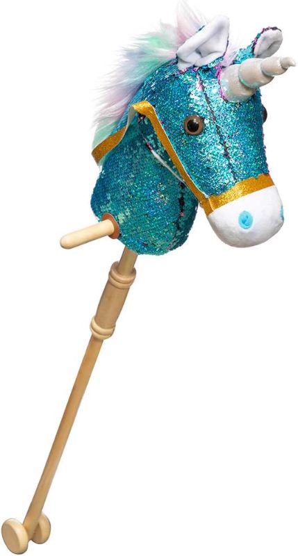 Photo 3 of HollyHOME Sequin Unicorn Stick Horse with Wood Wheels Real Pony Neighing and Galloping Sounds Plush Unicorn Toy Blue 36 Inches(AA Batteries Required)