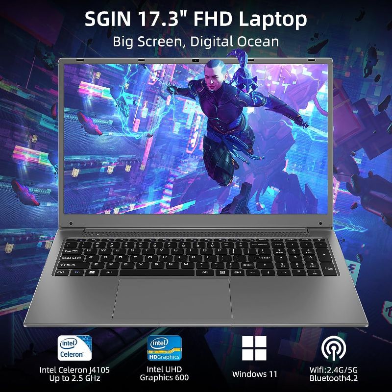Photo 7 of 
SGIN 17.3 Inch Laptop Computer, 256GB SSD 8GB RAM, 1920 * 1080 IPS FHD Display, Windows 11 Laptop with Quad-Core Intel Celeron J4105 Processors, 8000mAH, USB 3.0, Type-C, Bluetooth 4.2, 2.4/5G WiFi
