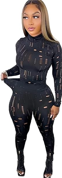 Photo 1 of 2 Piece Outfits Women,Black Stretchy Mesh Long Sleeve Blouse