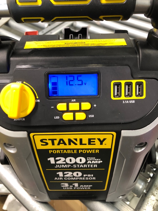 Photo 1 of STANLEY J5C09D Digital Portable Power Station Jump Starter: 1200 Peak/600 Instant Amps, 120 PSI Air Compressor, 3.1A USB Ports, Battery Clamps 1,200 Peak Amps