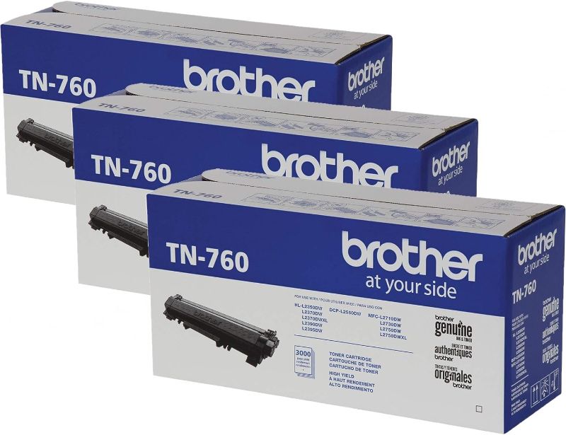 Photo 1 of Brother TN-760 DCP-L2550DW HL-L2350DW 2370 2370 2390 2395 MFC-L2710 L2750 2750DW XL Replacement Toner Cartridge (Black) in Retail Packaging / 3-Toner Cartridges