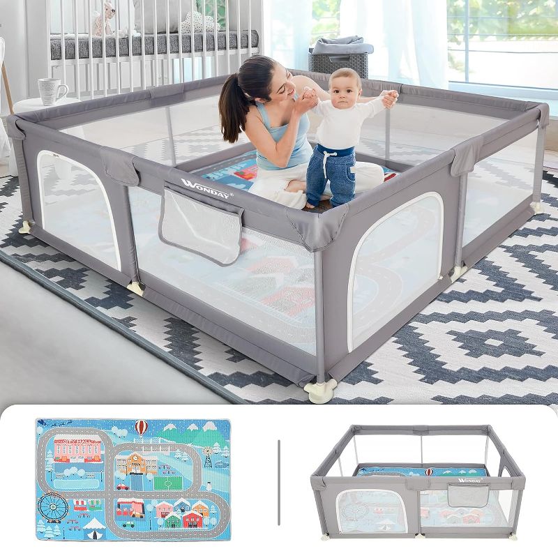 Photo 1 of Baby Playpen, Baby Playpen with Mat, Playpen for Babies and Toddlers 71"L x 60"W x 26"D Indoor Large Playpen Safety Baby Fence Play Area (Gray)