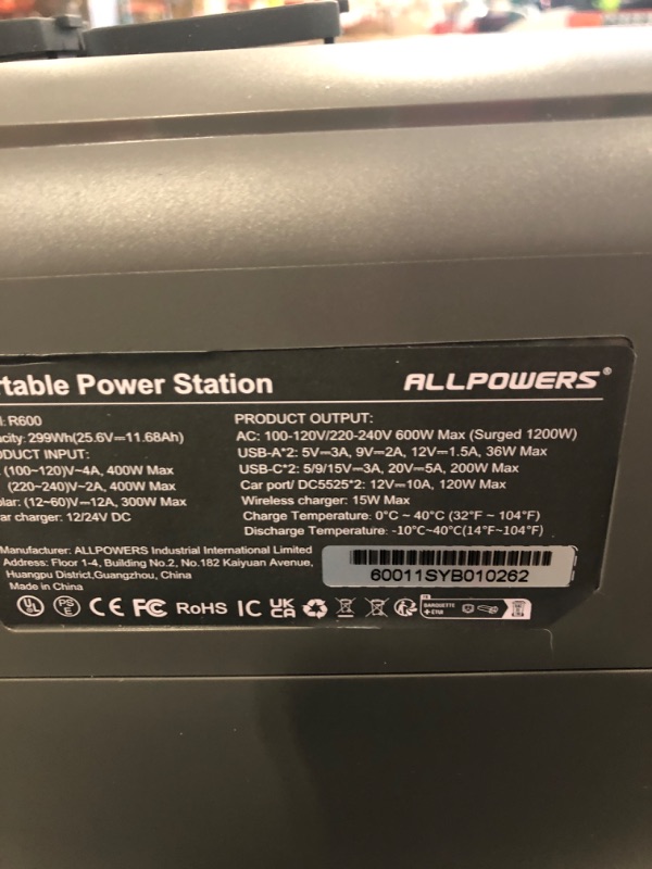 Photo 7 of ALLPOWERS 299Wh 600W Portable Power Station R600, LiFePO4 Battery Backup with UPS Function, 1 Hour to Full 400W Input, MPPT Solar Generator for Outdoor Camping, RVs, Home Use