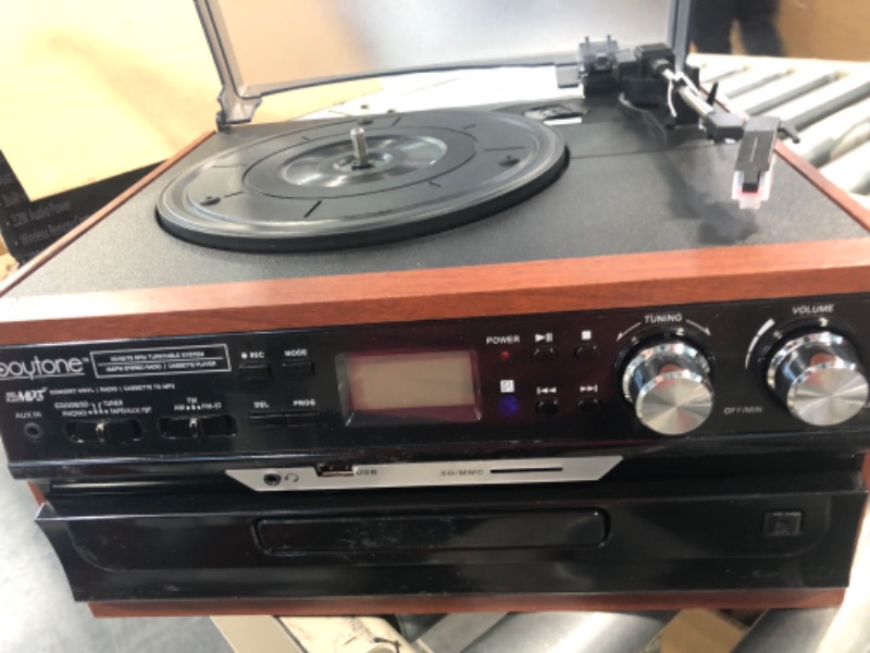 Photo 3 of Boytone BT-24MB Bluetooth Classic Style Record Player Turntable with AM/FM Radio, CD/Cassette Player, 2 Separate Stereo Speakers, Record from Vinyl, Radio, and Cassette to MP3, SD Slot, USB, AUX.