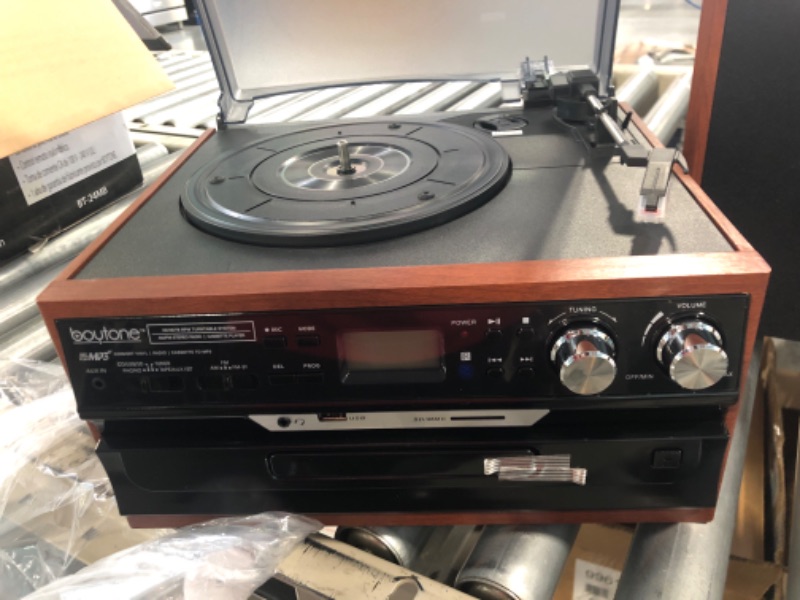Photo 3 of Boytone BT-24MB Bluetooth Classic Style Record Player Turntable with AM/FM Radio, CD/Cassette Player, 2 Separate Stereo Speakers, Record from Vinyl, Radio, and Cassette to MP3, SD Slot, USB, AUX.