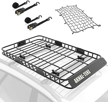 Photo 1 of AKHAL-TEKE Roof Rack Basket, Upgraded 64"x 39"x 4" Roof Rack Cargo Carrier with 3' X 4' Super Duty Bungee Cargo Net, 2 pcs Ratchet Strap Fits for SUV Truck Cars
