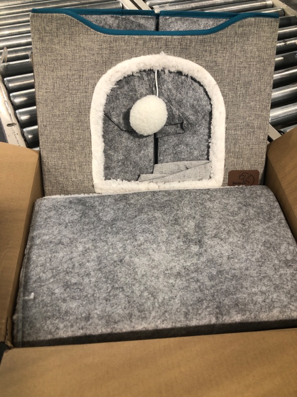 Photo 2 of Bedsure Cat Beds for Indoor Cats - Large Cat House for Pet Cat Cave with Cat Scratch Pad and Fluffy Ball Hanging, Foldable Cat Hidewawy,16.5x16.5x14 inches Grey