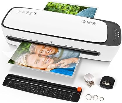 Photo 2 of Laminator 13 Inch A3 Laminator Machine, 9 in 1 Desktop Thermal Laminator Never Jam 40 Laminating Pouches, Paper Trimmer and Corner Rounder, 1Min Fast Warm-Up Home Office School Use, White
