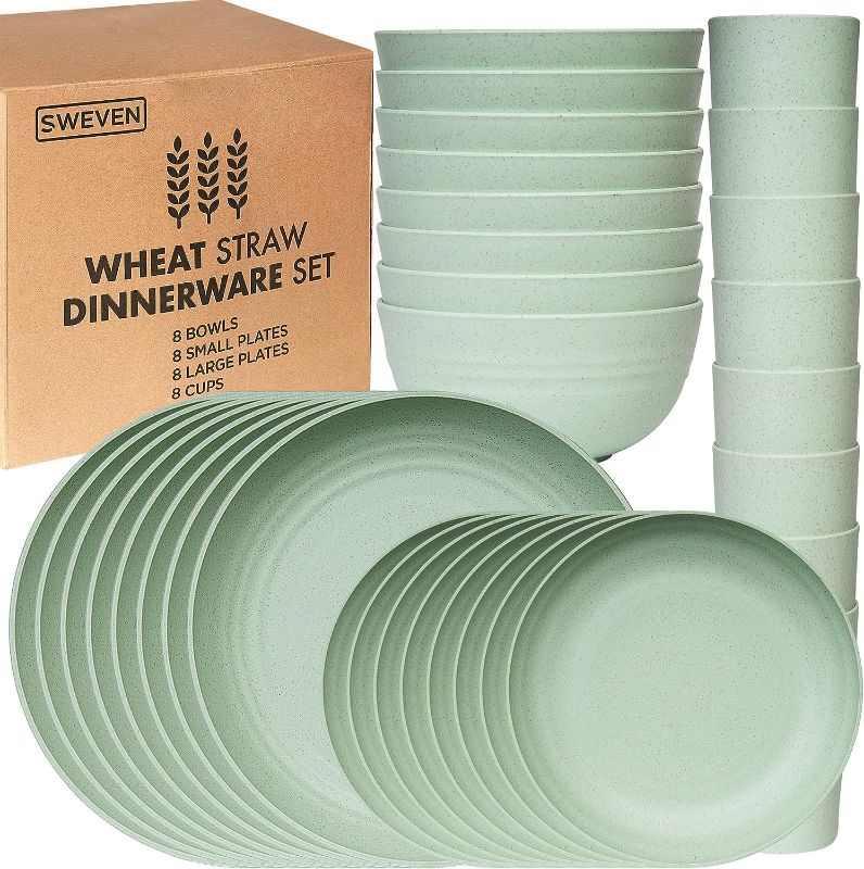 Photo 1 of Wheat Straw Dinnerware Sets | Unbreakable Dinnerware Sets | Dishwasher Microwave Safe Dinnerware | Eco Friendly Non Breakable Dinnerware Sets | RV Outdoor Camping (Green, Service for 8 (32 pcs))