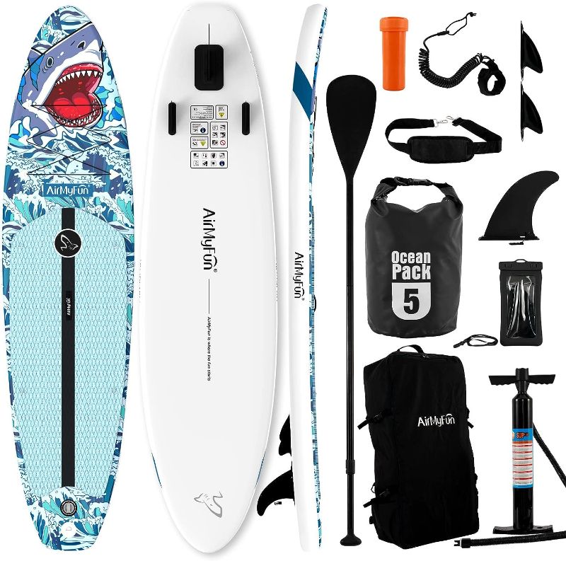 Photo 1 of AirMyFun Inflatable Paddle Board Shark Pattern 10.6'x32''x6'' SUP Stand Up Paddle Board Made of Imitation Crocodile Skin Anti Slip Fabric Pad Surfing Board Yoga Board or Traveling Board